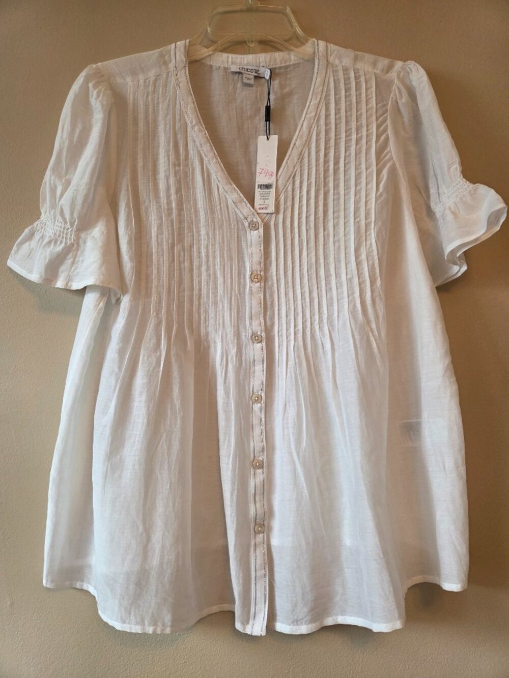 NWT Chico's Size 1/M White Babydoll Blouse Pleated Front Gathered Sleeve Sheer - Picture 8 of 12